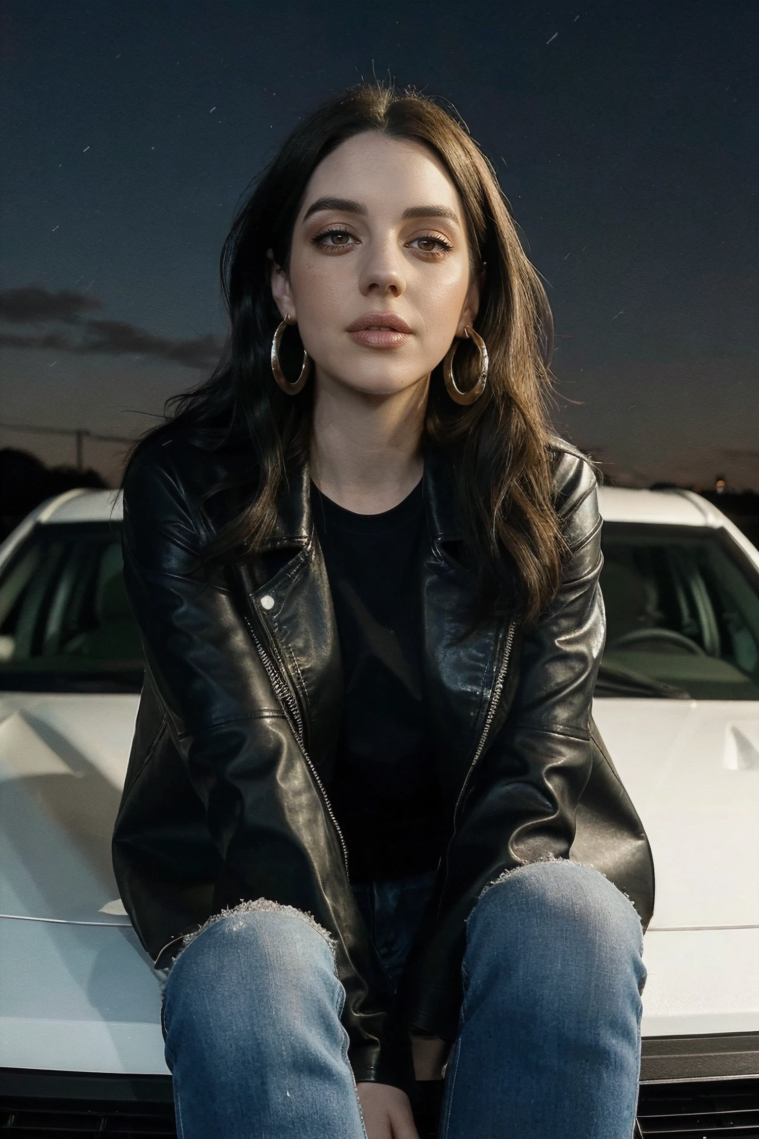 adelaide_kane_v2 wearing leather jacket with t-shirt, dark jeans, long hair, dark makeup, hoop earrings,
black leather jacket, white t-shirt,
medium shot, upper body, nighttime sitting on car hood, soft lightning,
<lora:Adelaide_Kane_v3:0.8>, <lora:breastsizeslideroffset:-0.1>