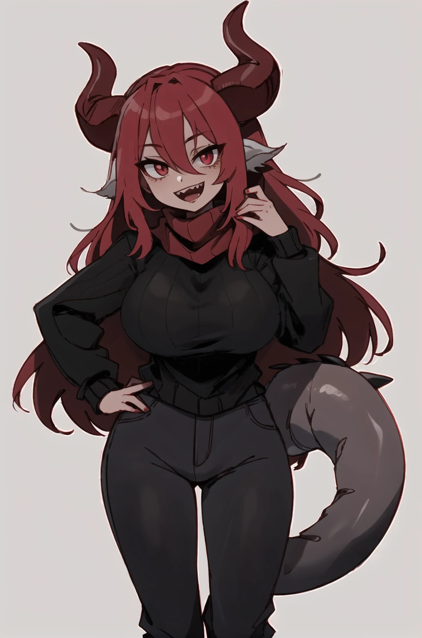 <lora:Sinder__Character_LoRA_Artist__Kanel:1>, Sinder, red hair, long hair, red horns, animal ears, red eyes, dragon tail, gray skin:0.9, large breasts, black sweater, turtleneck sweater, black pants, (red scarf), straight-on, facing viewer, simple background, :D, fangs, looking at viewer