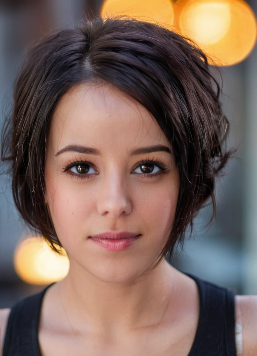 realistic, photorealistic, detailed, beautiful, RAW photo, film grain, (natural lighting :1.2), black hair, woman, raw photo, photo background, short hair, 4liz33 , 20 years old, detailed black eyes, bokeh,  <lora:4liz33 :0.95>
