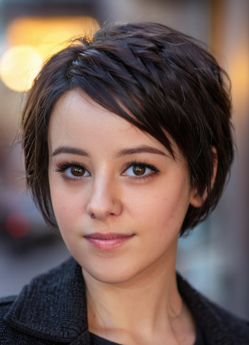 realistic, photorealistic, detailed, beautiful, RAW photo, film grain, (natural lighting :1.2), black hair, woman, raw photo, photo background, short hair, 4liz33 , 20 years old, detailed black eyes, bokeh, <lora:4liz33 :0.95>