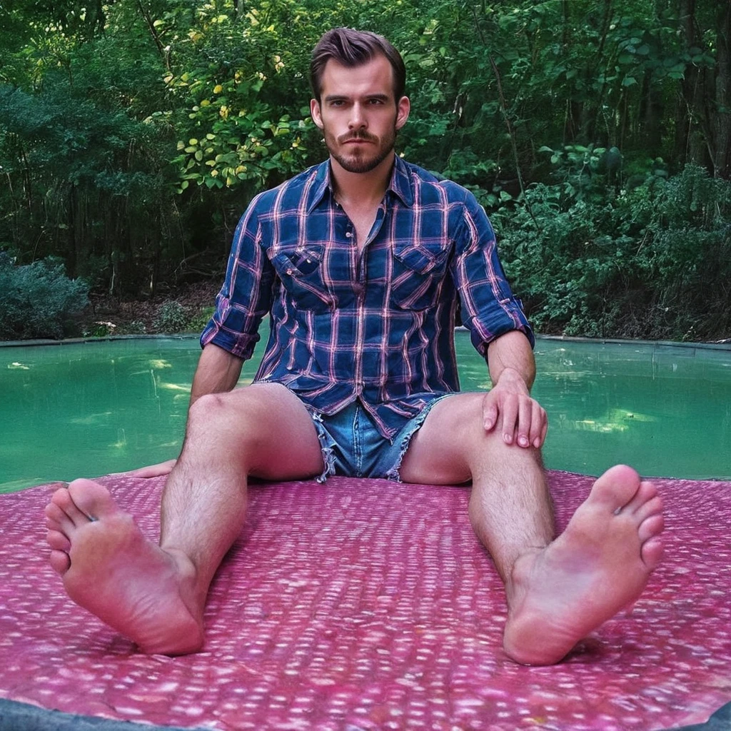 footpose, a highly detailed full shot of handsome man sitting  on sweet candy surface, solo in summer flannel shirt,nicely posed,surreal fantasy candy world, long thick legs,sweet life,  foot focus,body symmetry, candy world, barefoot, male soles, toes,  inspired by Fassbender,  shallow depth of field, male foot, high budget, moody, epic, gorgeous, film grain, grainy <lora:footpose-11v_sdxl_lora-000028:1>