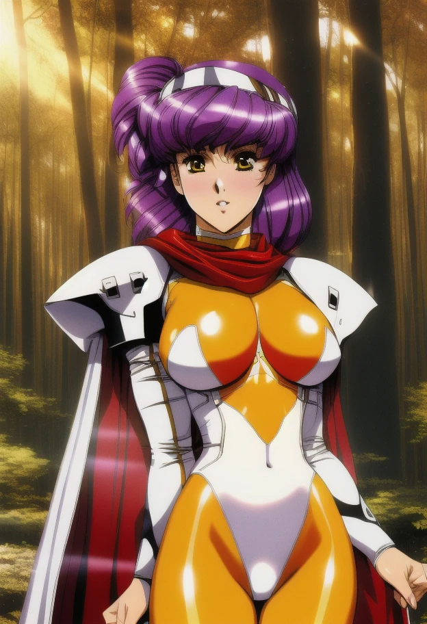 high resolution, masterpiece, perfect face, high quality, promo art,   <lora:Lambda052:.8>, Lambda, white headband, medium purple hair, yellow latex bodysuit, white leotard, white sleeves, shoulder armor, red cape, large breasts, ((forest)), yellow eyes <lora:Urushihara Satoshi_v3:.6>