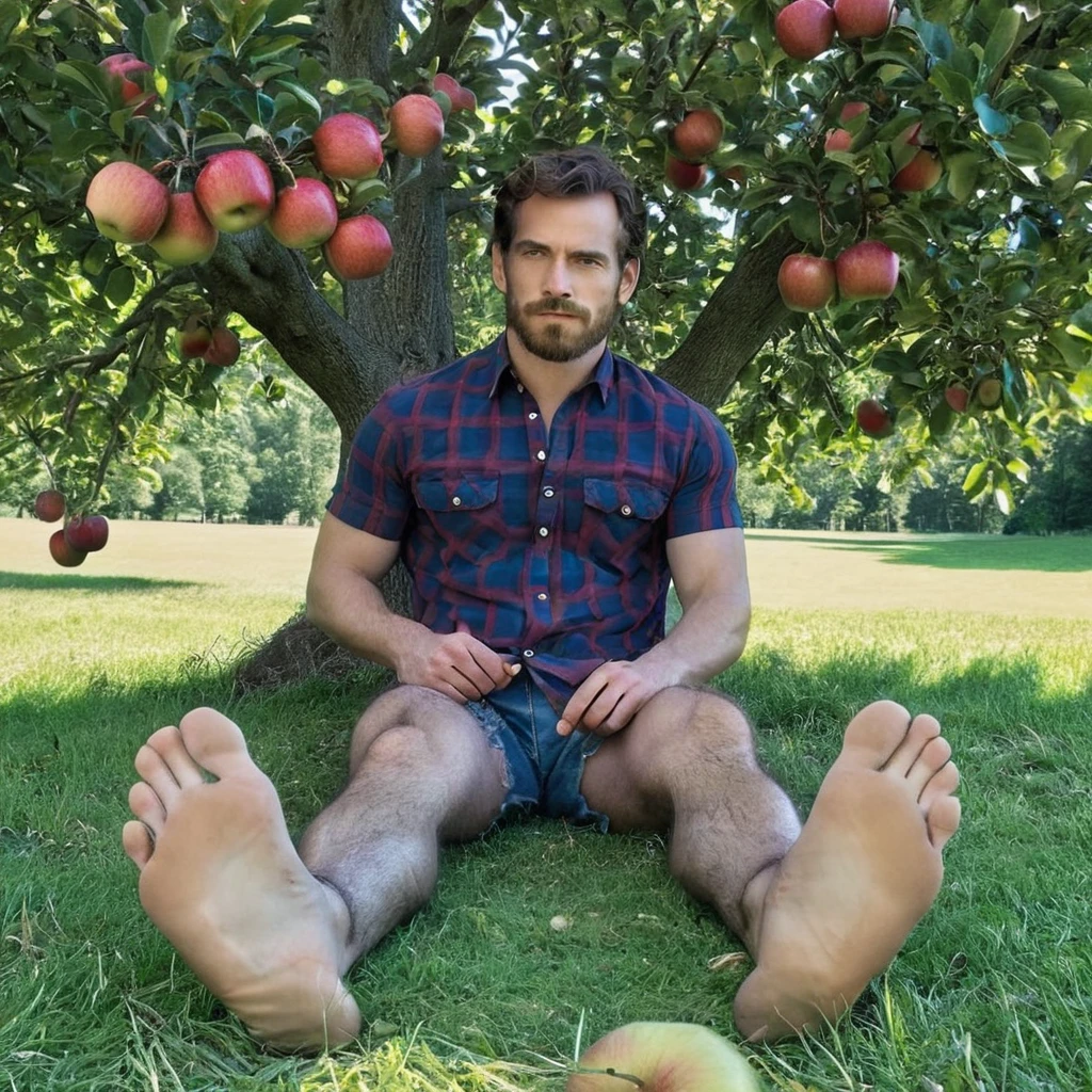 footpose, a highly detailed full shot of handsome man sitting  on grass under an apple tree, solo in summer flannel shirt,nicely posed, fantasy verse, long thick legs,  foot focus,body symmetry,  barefoot, male soles, toes,  inspired by Fassbender,  shallow depth of field, male foot, high budget, moody, epic, gorgeous, film grain, grainy <lora:footpose-11v_sdxl_lora-000028:1>