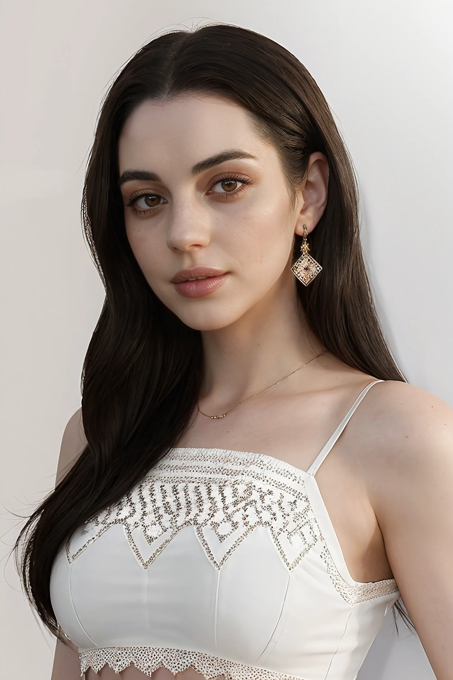 adelaide_kane_v2 wearing lacy crop top, long hair,
white crop top, stud earrings, 
upper body, close up, simple black background, realistic, 
<lora:Adelaide_Kane_v2:0.7>