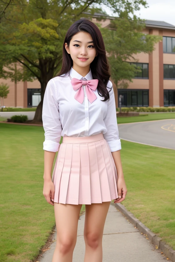 woman, beautiful face, cute, realistic, detailed, scenic view of school campus, full body shot
<lora:School Dress By Stable Yogi:0.8> school uniform, bow-tie, white shirt, pink pleated skirt