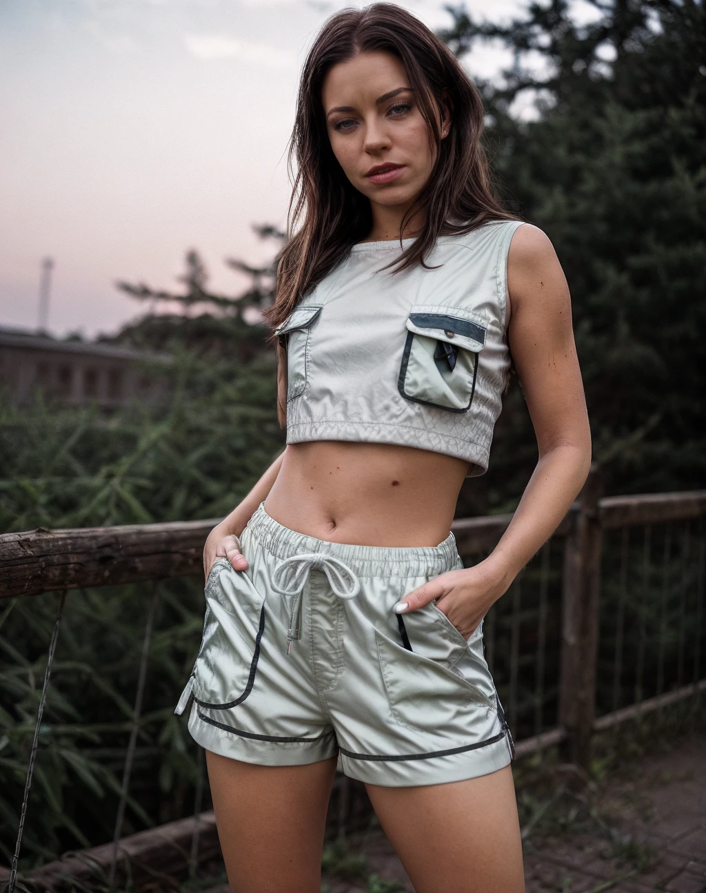 cinematic photo realistic, Dutch angle, intricate details, a woman wearing Crop Top, nightwear and (Cargo shorts: Knee-length shorts with multiple pockets.), <lora:quiron_ClaudiaJamsson_v1_Lora:0.87> ClaudiaJamssonQuiron woman, . 35mm photograph, film, bokeh, professional, 4k, highly detailed