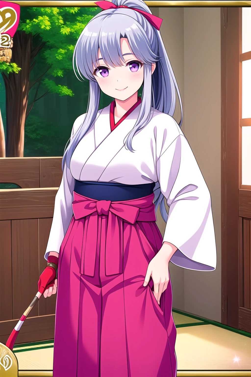 (masterpiece, best quality), highly detailed background, perfect lightingbest quality, yuliavalkova, solo, archery, grey hair, hair ribbon, red ribbon, ponytail, long hair, purple eyes, blue hakama, partially fingerless gloves, single glove, yugake, blue skirt, japanese clothe, smile, closed mouth, pink lips, <lora:Yulia-Valkova:0.7>