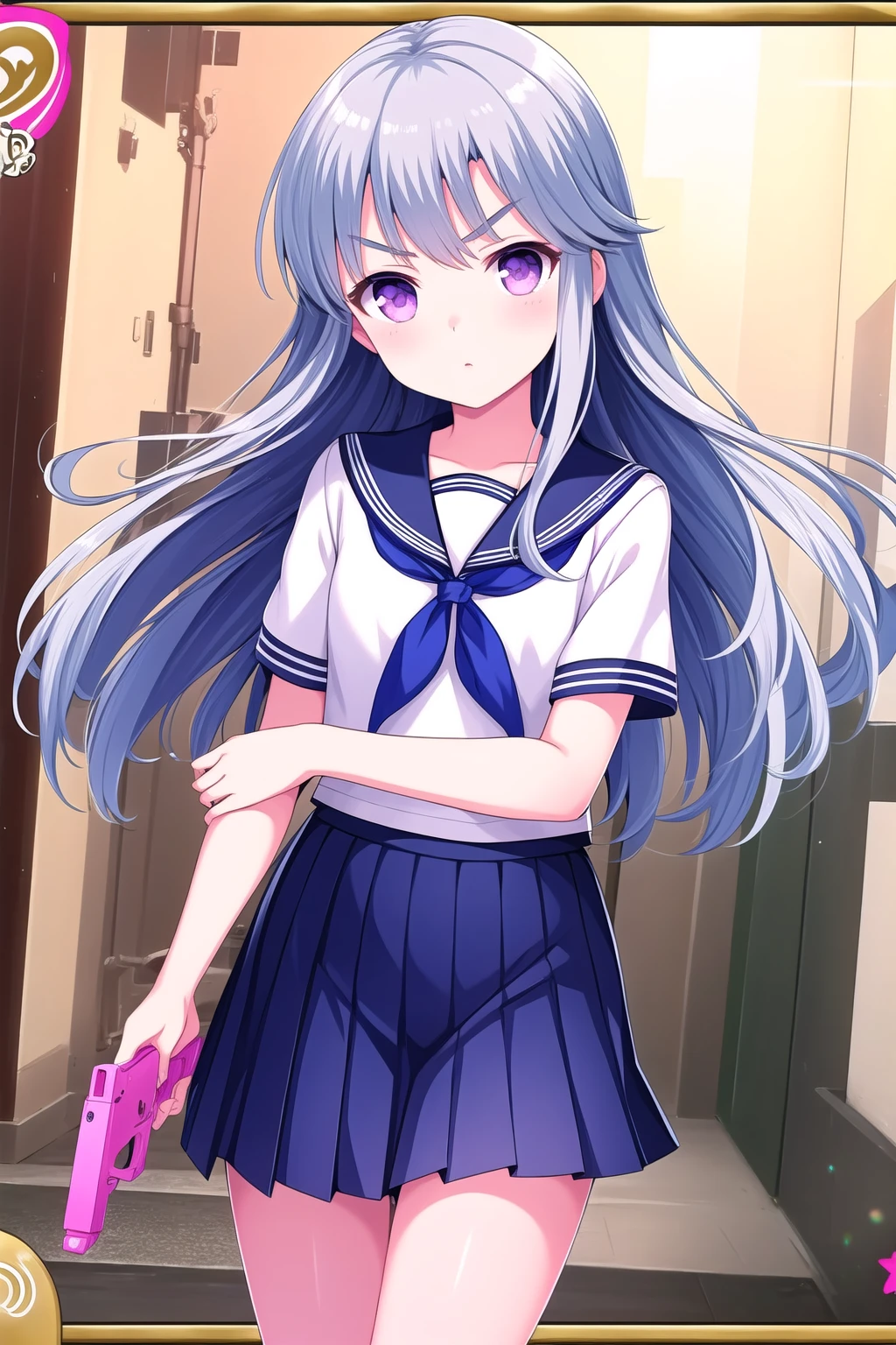 (masterpiece, best quality), highly detailed background, perfect lightingbest quality, yuliavalkova, solo, grey hair, blue hair, long hair, v-shaped eyebrows, purple eyes, white serafuku, short sleeves, holding gun, blue skirt, pleated skirt, school uniform, black pantyhose, closed mouth, pink lips, <lora:Yulia-Valkova:0.7>