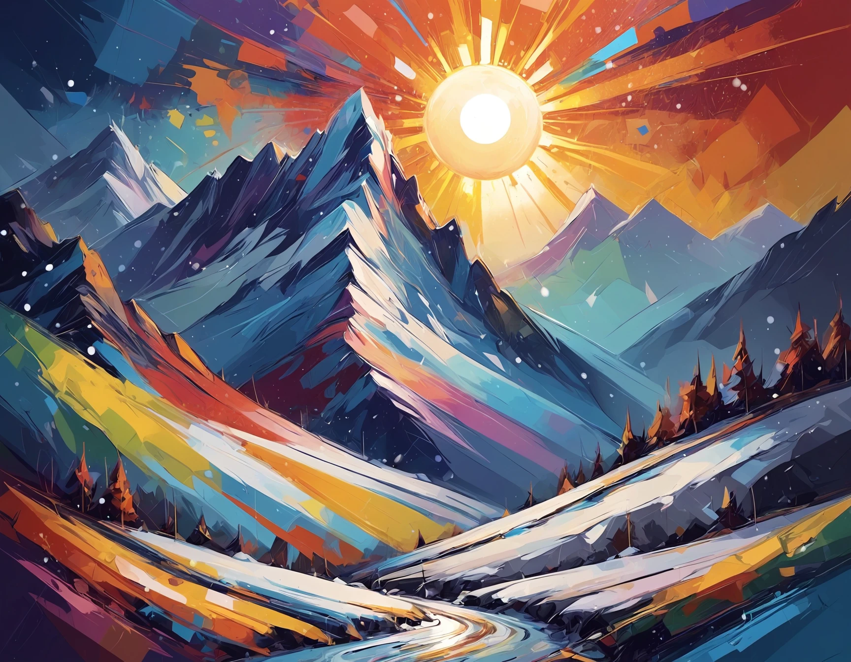 abstract art of a mountain landscape very colorful and epic it's snowing and the sun is going down