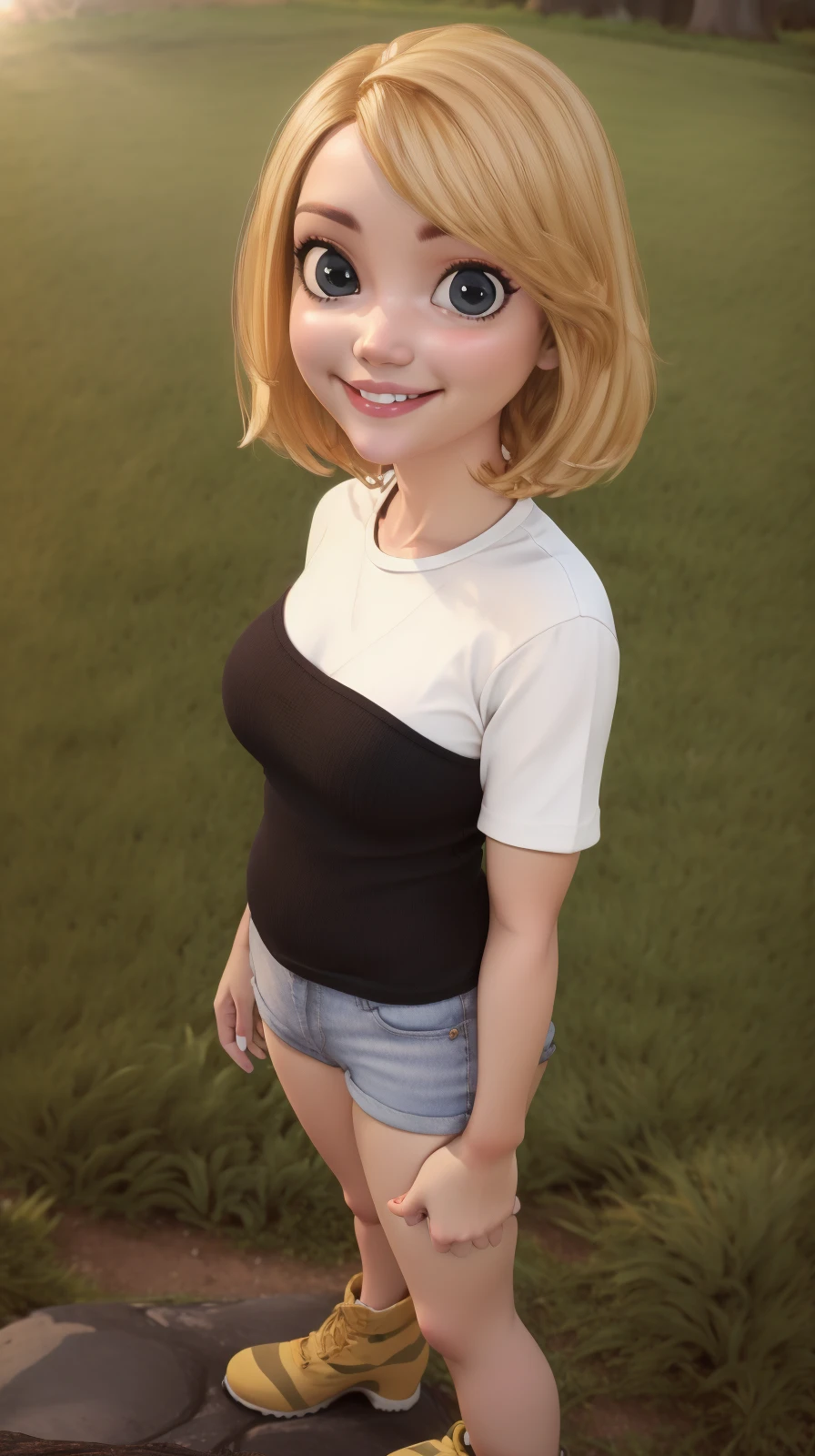 25 yo 1girl as female cartoon character, <lora:F4k33D-03:0.6>, shorts, short hair, blonde hair, perfect hands, perfect big eyes, looking at viewer, smiling, voluptuous, shinny skin, outdoors, grass, kkw-ph1, <lora:top_view_perspective:0.8>