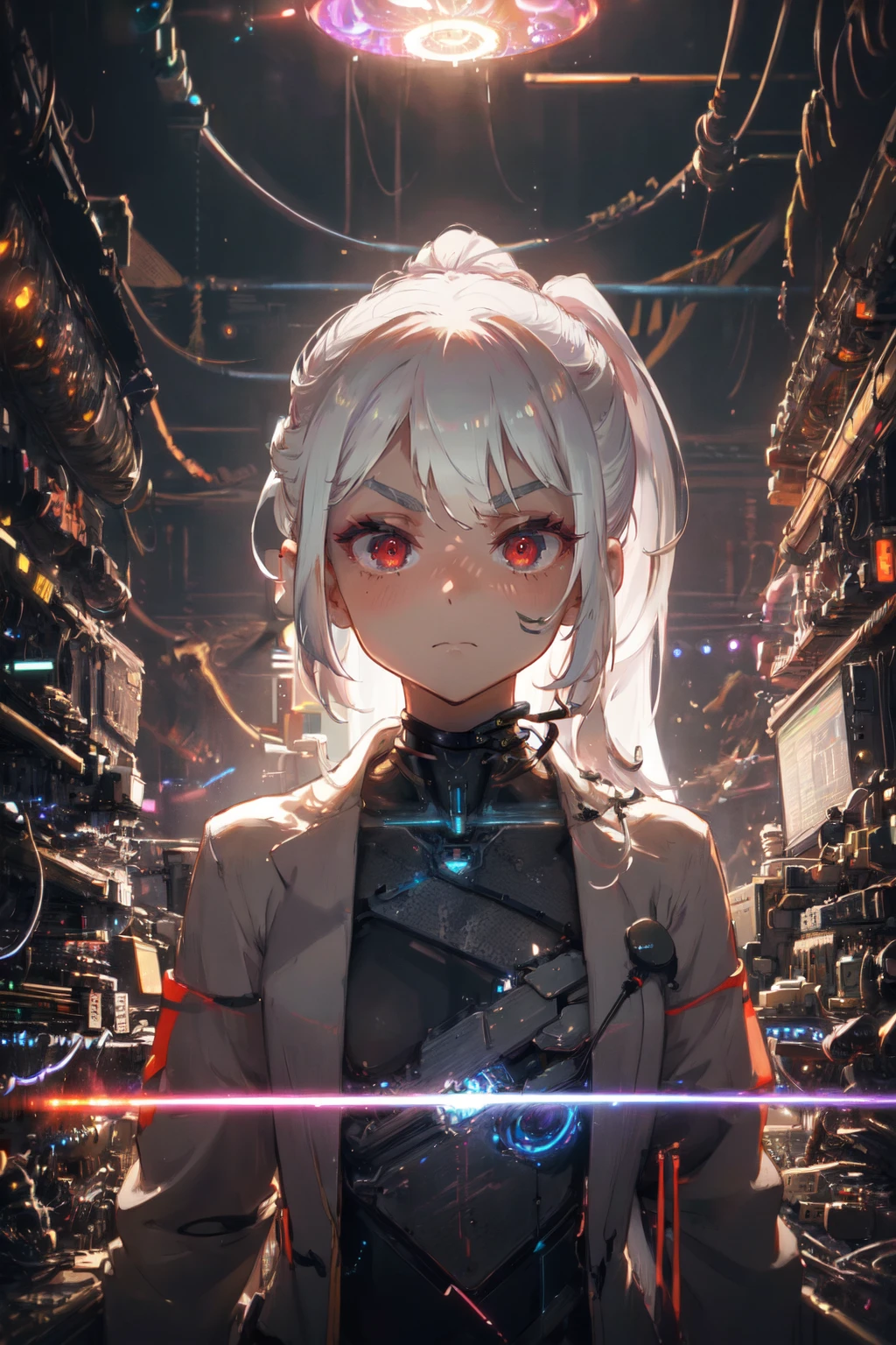 Original Character, Volumetric Lighting, Best Shadows, Shallow Depth of Field, Portrait Of Stunningly Beautiful Girl, Petite, Delicate Beautiful Attractive Face With Alluring Sharp Red Eyes, Sharp Eyebrows, Lost In Thought, Expressionless, Closed Mouth, Lovely Small Breasts, Layered Long Ponytail White Hair, Blush Eyeshadow, Thick Eyelashes, White Research Coat, In The Biopunk Laboratory, Standing Front of Computer Monitors, Standing, Flickering Light Bulb, Chemistry Equipment, Culture Tank, Electrical Wires, (Highest Quality, Amazing Details:1.25), (Solo:1.3), Brilliant Colorful Paintings
