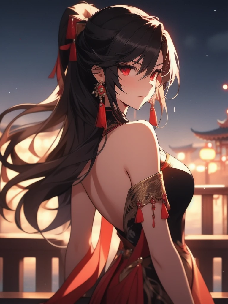 masterpiece, best quality,
illustration, 1girl, solo, jewelry, long hair, earrings, red eyes, black hair, looking at viewer, looking back, dress, night, upper body, ponytail, breasts, chinese clothes, bare shoulders, from behind, outdoors, bangs, tassel, sky, closed mouth