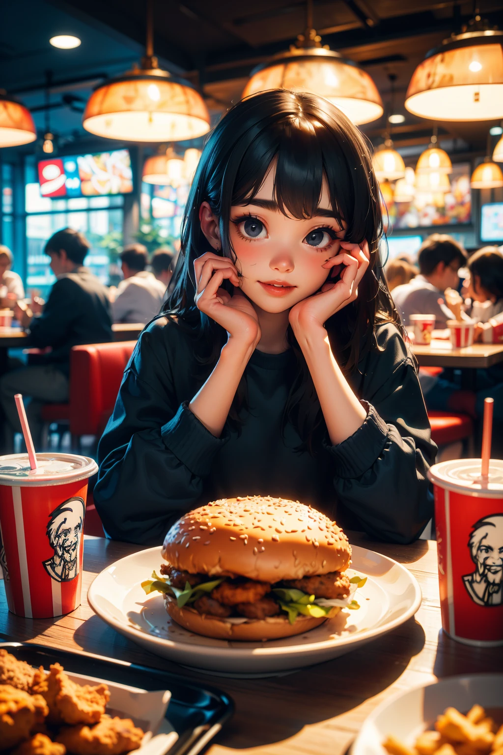 food,french fries,solo focus,restaurant,eating,cup,sitting,black hair,long hair,blurry,indoors,burger,depth of field,disposable cup,1girl,holding,multiple boys,chair,table,drinking straw,black eyes,multiple girls,faceless,blurry background,drink,pov across table,tray,kfc,
((((masterpiece)))),((((highly detailed)))),[[[realistic art]]],<lora:kfc:0.7:lbw=OUTALL>,