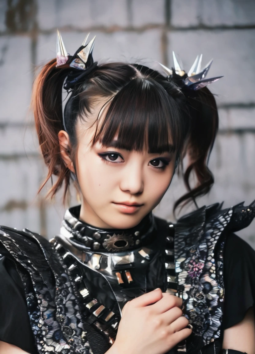 realistic, photorealistic, detailed, beautiful, RAW photo, film grain, (natural lighting :1.2), japanese, woman, raw photo, photo background, twintails, m0akiku, punk style, black outfit, 20 years old, detailed black eyes, bokeh, baby metal, <lora:m0akiku -000008:1>