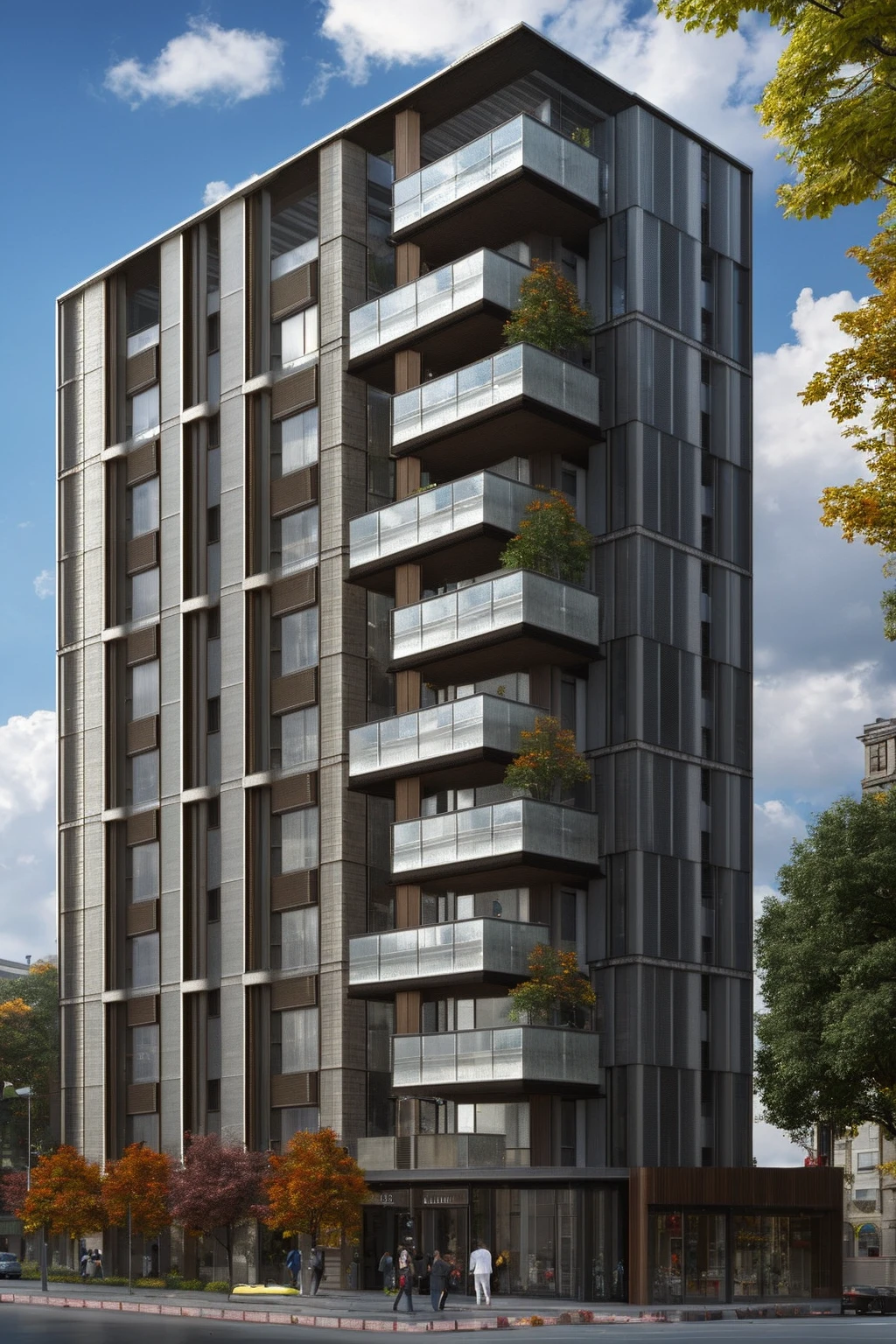 <lora:JJsBuilding_Apartment:.6>,((best quality)),((masterpiece)),((realistic)), , photorealistic, (Archviz), ((Apartment)), car, motor vehicle, outdoors, sky, ground vehicle, scenery, building, city, road, cloud, crosswalk, real world location, lamppost, tree, street, cityscape ,cloud , sidewalk, wood ,bush ,flower ,autumn leaves,glass,reflection,