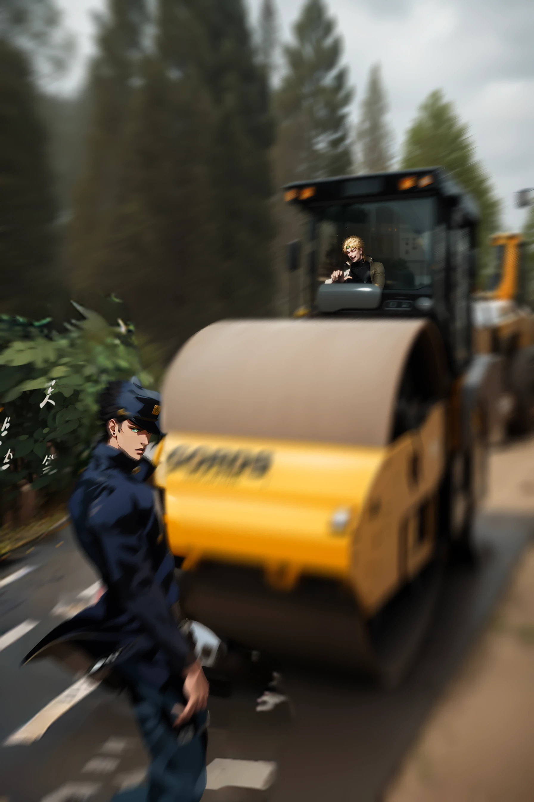 <lora:jojo_jotaro_kujo-10:0.8> kujo jotaro, muscular male, hat, green eyes, school uniform, gakuran, long coat, jewelry, earrings, chain <lora:dio:0.8> dio, jacket, pants, headband, vampire, red eyes <lora:Road_roller-10:1> <lora:MenacingJojo:0.8> MenacingJojo, text <lora:Truckkun:0.8> Truck-kun, ground vehicle, crash, getting hit by Truck-kun, fleeing, motion lines