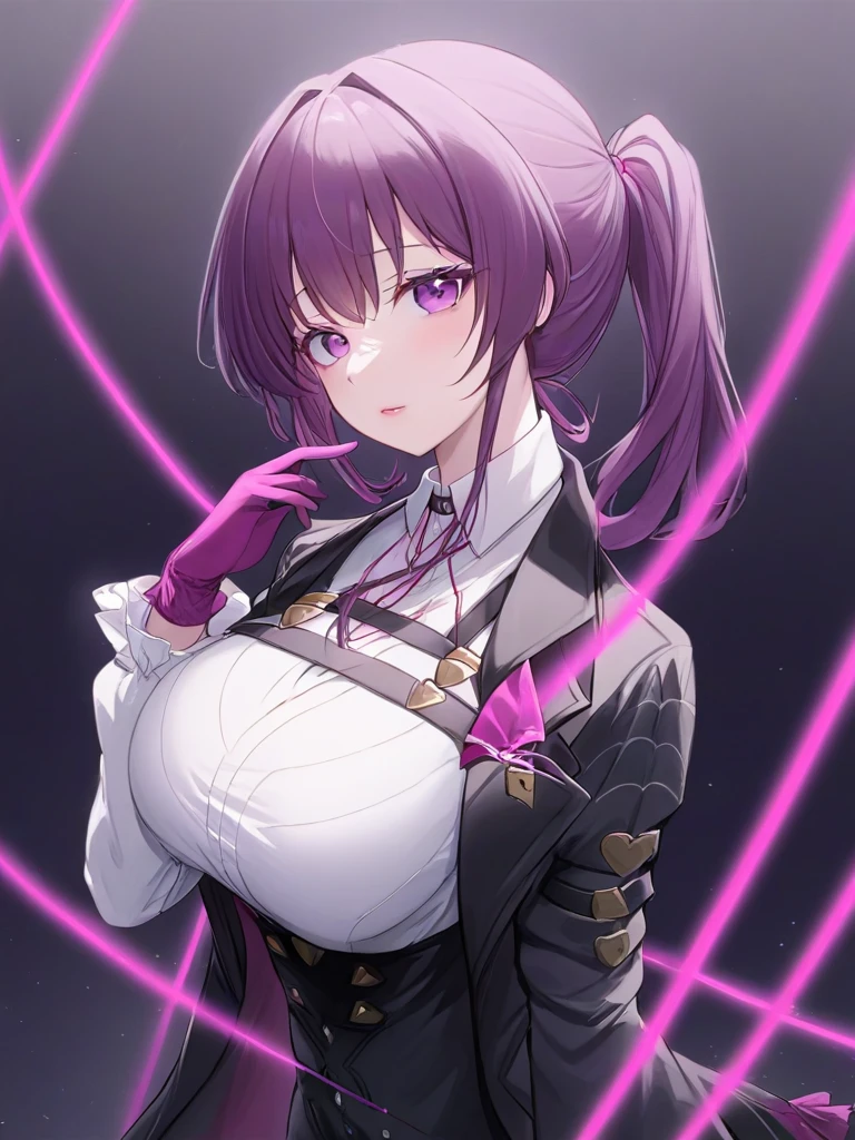 <lora:kafuka2:1>,1girl,solo,gloves,purple eyes,shirt,purple hair,breasts,ponytail,long hair,white shirt,long sleeves,string,looking at viewer,cowboy shot,sidelocks,pink gloves,coat,bangs,frills,collared shirt,pants,parted lips,black pants,jacket,