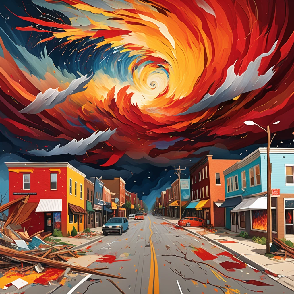 Unhinged tornado tearing through a cityscape with chaotic storm clouds, fiery debris, shattered buildings, terrified people running for their lives, and a vibrant color palette of reds, oranges, and yellows inspired by the artwork of Jackson Pollock and the emotional intensity of Van Gogh's "Starry Night".