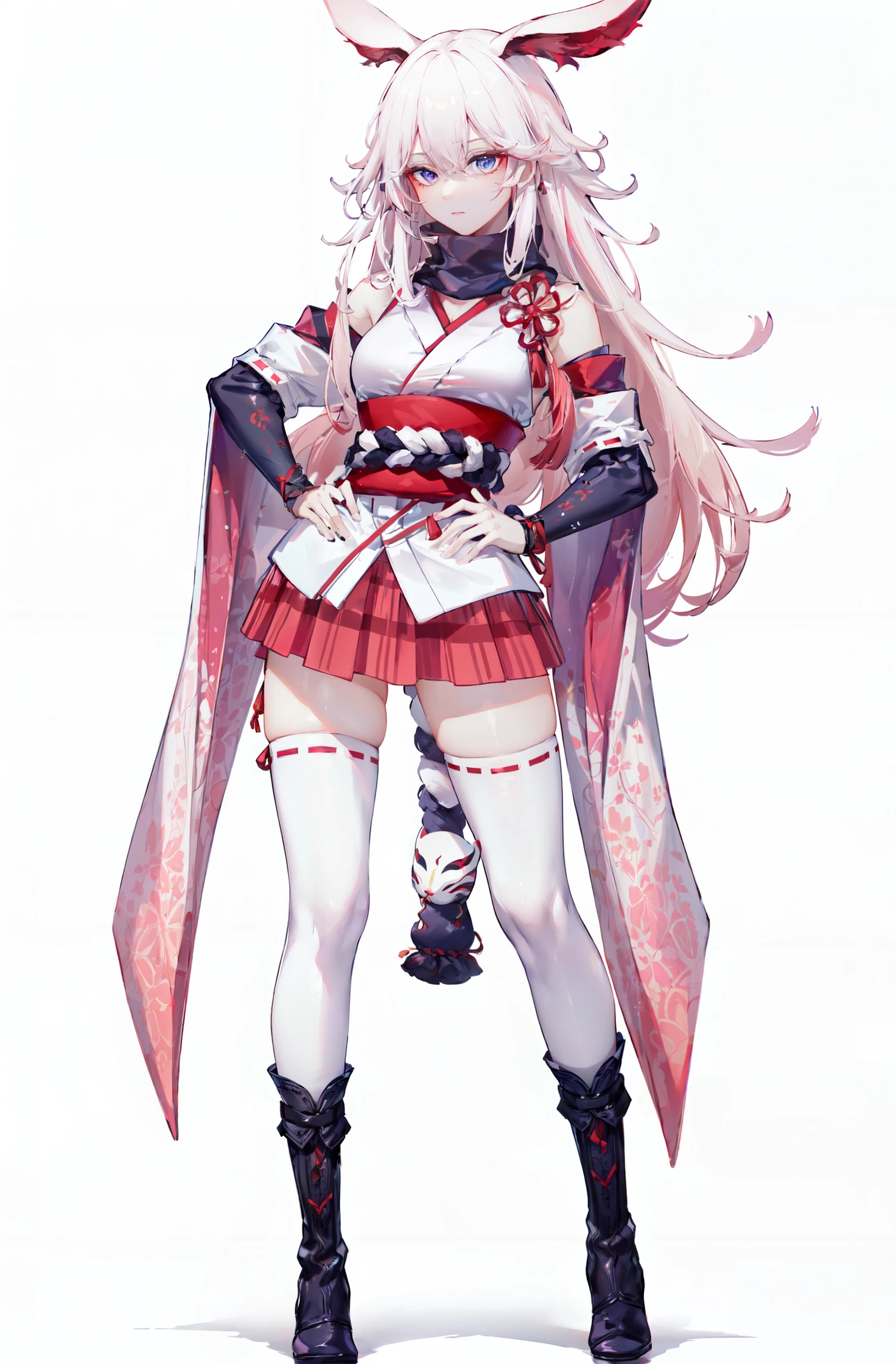 8k, best quality, masterpiece, (ultra-detailed:1.1), (high detailed skin),
(full body:1.2), white background, standing, looking at viewer, (solo:1.3), hand on hip,
<lora:wunv-v100:0.8:lbw=OUTALL>, wunv, white thighhighs, chihaya (clothing),long animal ears, fox mask, boots, pink hair, mask, long hair, pink skirt,  japanese clothes, bangs
(white background, simple background:1.4),
<lora:EnvyBetterHands LoCon_beta2 è¾å©:0.55>, ( good hands, nice hands:0.5),
(beautiful_face), ((intricate_detail)), clear face,
((finely_detailed)), fine_fabric_emphasis,
((glossy)), full_shot,