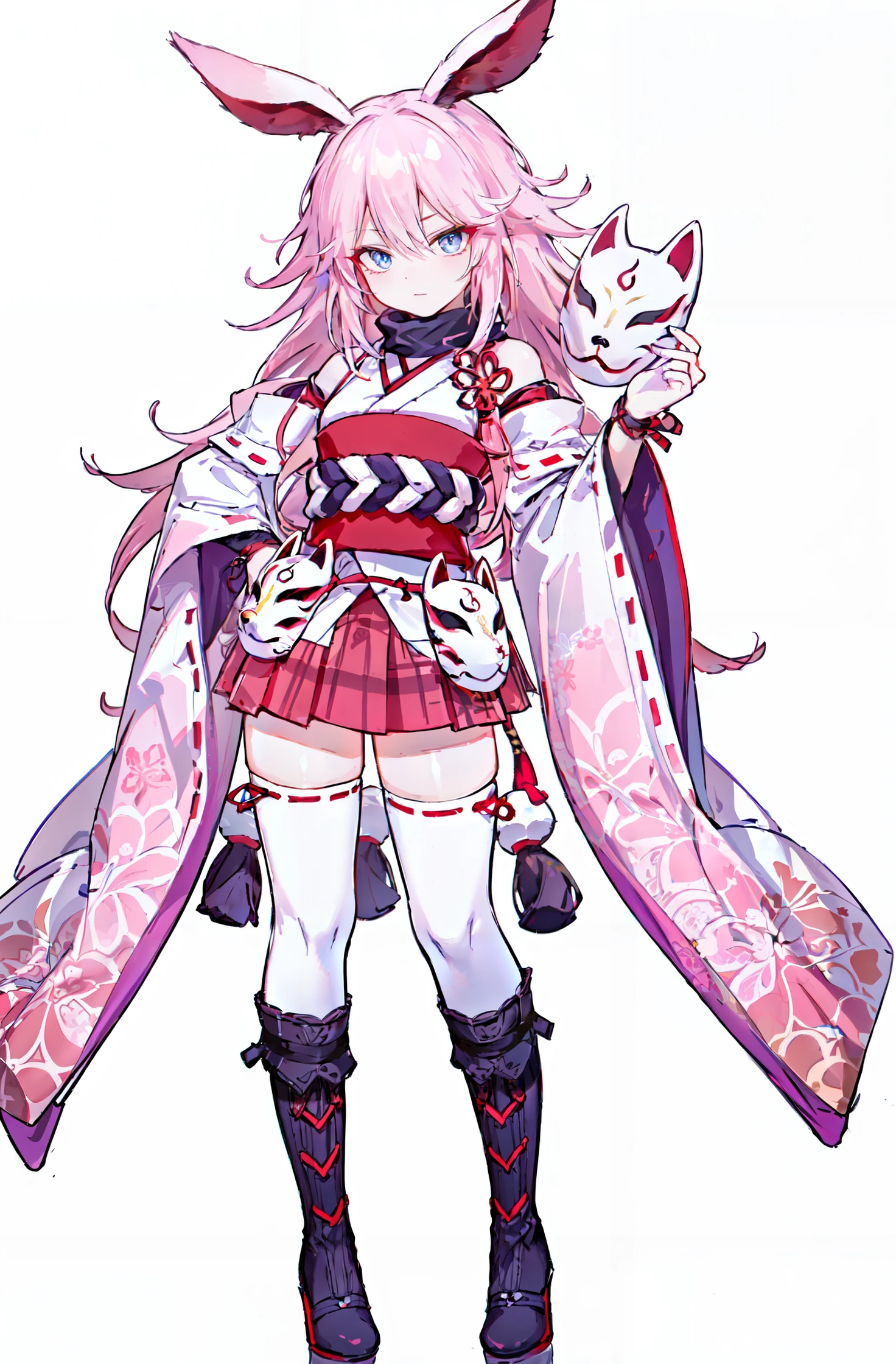 8k, best quality, masterpiece, (ultra-detailed:1.1), (high detailed skin), 
(full body:1.2), white background, standing, looking at viewer, (solo:1.3), hand on hip, 
<lora:wunv-v100:0.8:lbw=OUTALL>, wunv, white thighhighs, chihaya (clothing), (long animal ears), (rabbit ears:0.8), fox mask, boots, pink hair, mask, long hair, pink skirt, japanese clothes, bangs, 
(white background, simple background:1.4), 
<lora:EnvyBetterHands LoCon_beta2 è¾å©:0.55>, ( good hands, nice hands:0.5), 
(beautiful_face), ((intricate_detail)), clear face, 
((finely_detailed)), fine_fabric_emphasis, 
((glossy)), full_shot,