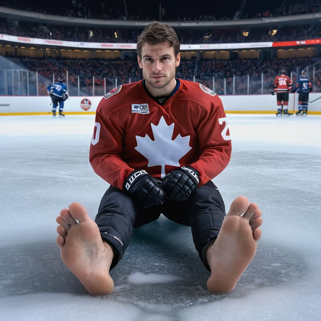 a cinematic photo of canadian handsome man sitting  on ice surface, footpose,solo in hockey uniform,nicely posed,  foot focus,body symmetry, ice arena stadium, cold air fog, barefoot, male soles  <lora:footpose-11v_sdxl_lora-000028:1>