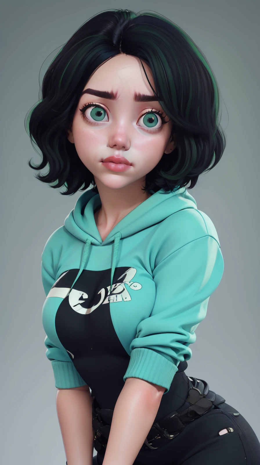 BiL13L1SH as female cartoon character, <lora:F4k33D-03:0.4>, black outfit, hoodie, black hair with light green highlights, short hair, perfect hands, perfect big eyes, looking at viewer, serious, shinny skin, clean scene, grey background, bokeh, kkw-ph1,  <lora:top_view_perspective:0.8>