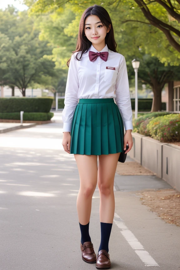 woman, beautiful face, cute, realistic, detailed, scenic view of school campus, full body shot
<lora:School Dress By Stable Yogi:0.8> school uniform, bow-tie, white shirt, green pleated skirt