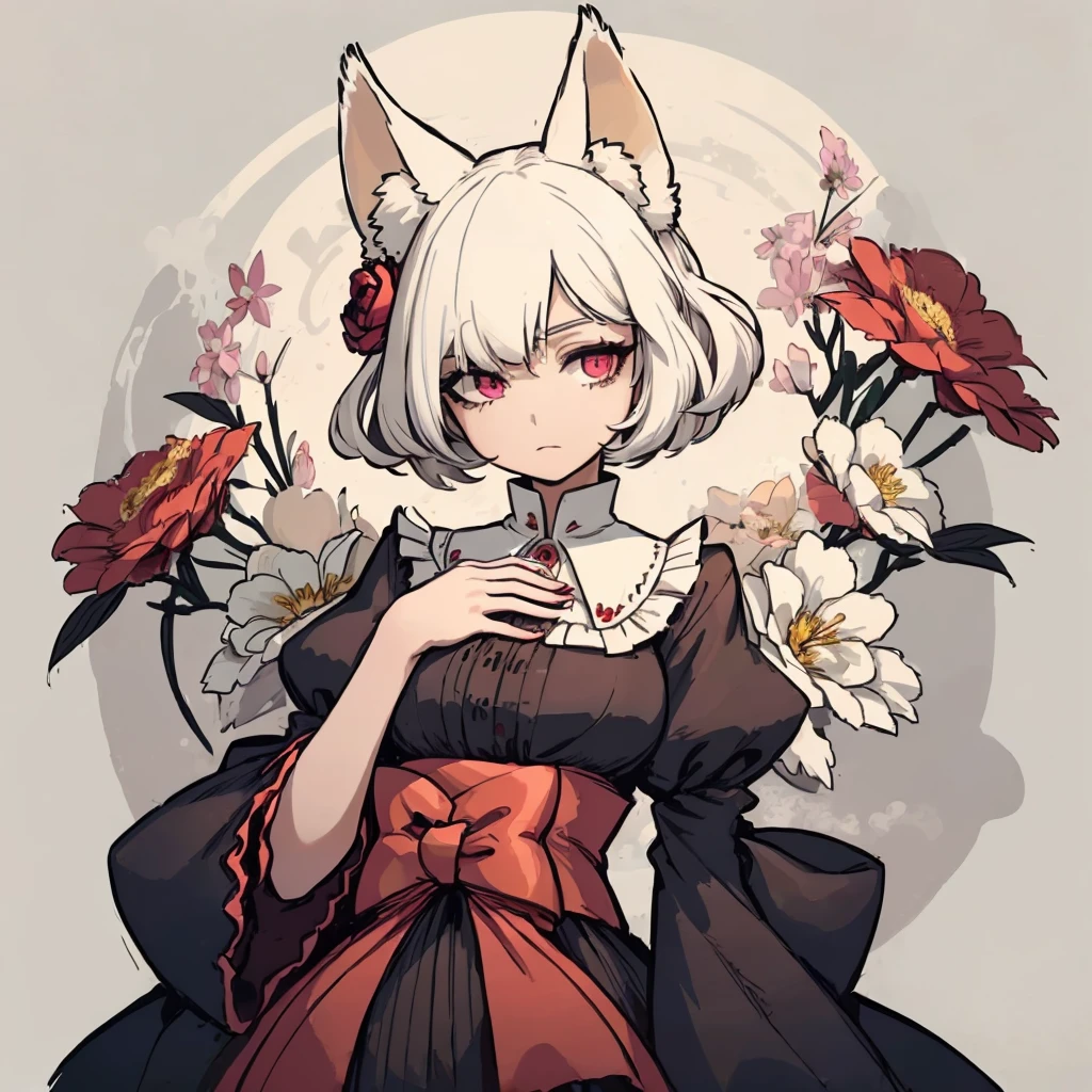 1girl, solo, (hand on own chest), victorian long gown with high collar and puffy sleeves, large firm breasts, fox ears, fox tail, short hair, (hair over one eye:1.3), (white hair), (abstract), (flowers), (flower), leaves, (reddish pink eyes), (contrapposto:1.2), <lora:Ink scenery:0.8>