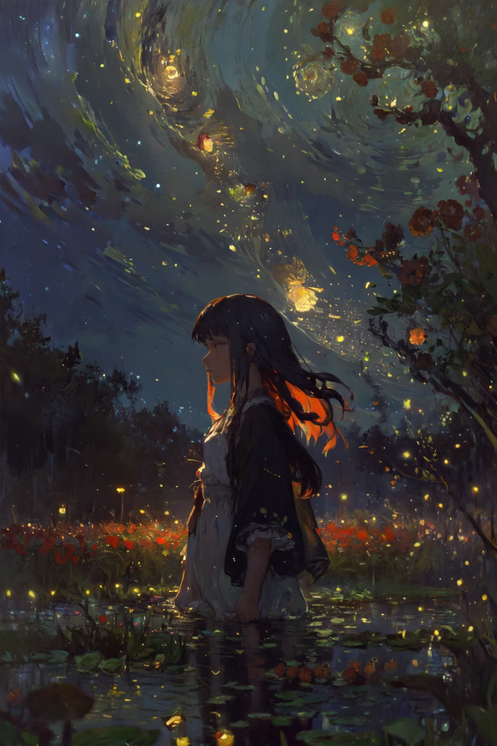 (1girl, solo, colorful, dynamic shot, long hair, sky, wind, red flower, wading), BREAK, (monet color, oil painting, post-impressionist, soft lighting, melancolic, dreamlike, fireflies, night:1.3, storm)