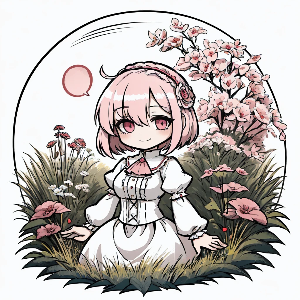 1girl, solo, detailed eyes, detailed face, reddish pink eyes, white hair, shining short hair, (hair over one eye:1.1), sidelocks, blush, subtle smile, victorian long dress with high collar and puffy sleeves, large firm breasts, sfw, volumetric lighting, garden scenery, looking at the viewer, (chibi:1.3), <lora:Ink scenery:0.8>, <lora:animeoutlineV4_16:0.8>