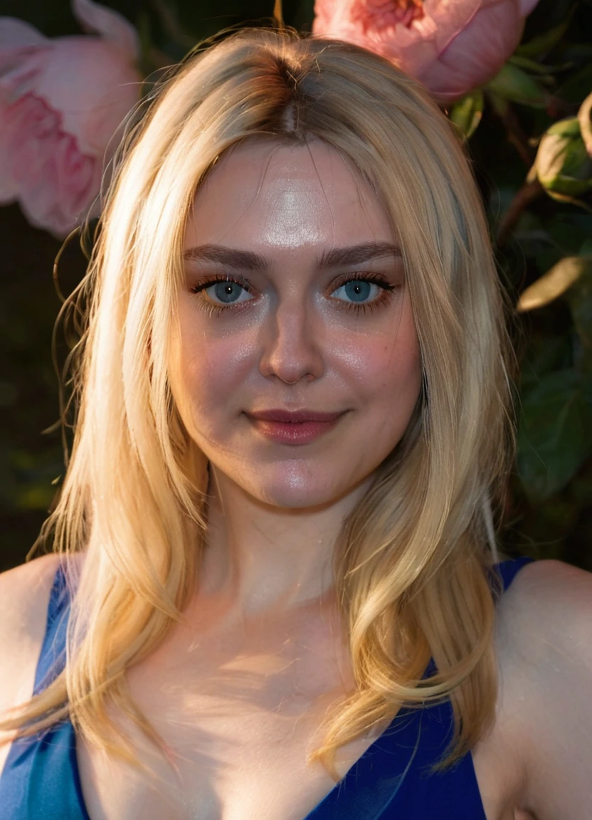 a beautiful picture of d4k0t4, masterpiece, blonde hair, photorealistic, woman, detailed, 4k, HDR, backlighting, bloom, light, RAW color photo, (fully in frame:1.1), detailed skin texture, (blush:0.5), (goosebumps:0.5),  <lora:d4k0t4-000010:0.95>wearing a blue dress