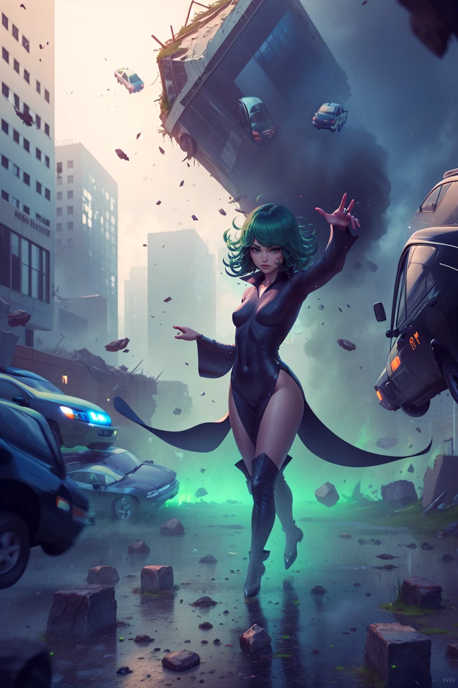 <lora:opm_tatsumaki:0.95> tatsumaki, long sleeve, black dress, 1 short girl, floating, short green hair