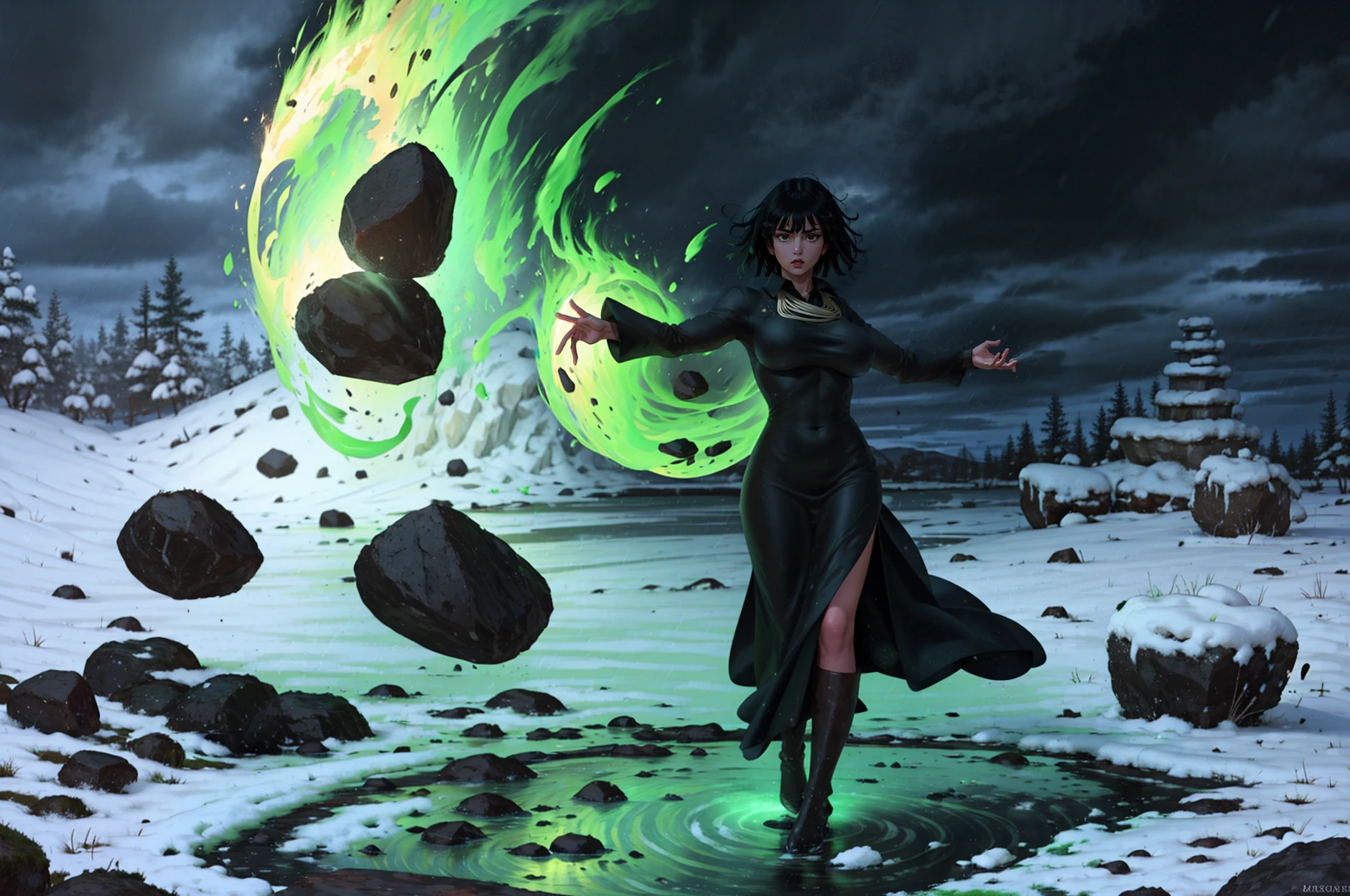 <lora:telekinesis-10:0.4> telekinesis, 1girl,  solo, raised arm, glowing, floating objects, storm, blizzard, snow, tornado, floating rocks, strong wind, long sleeve, black dress, big breast,   floating, short dark green hair <lora:fubuki:0.85> fubuki, open palm