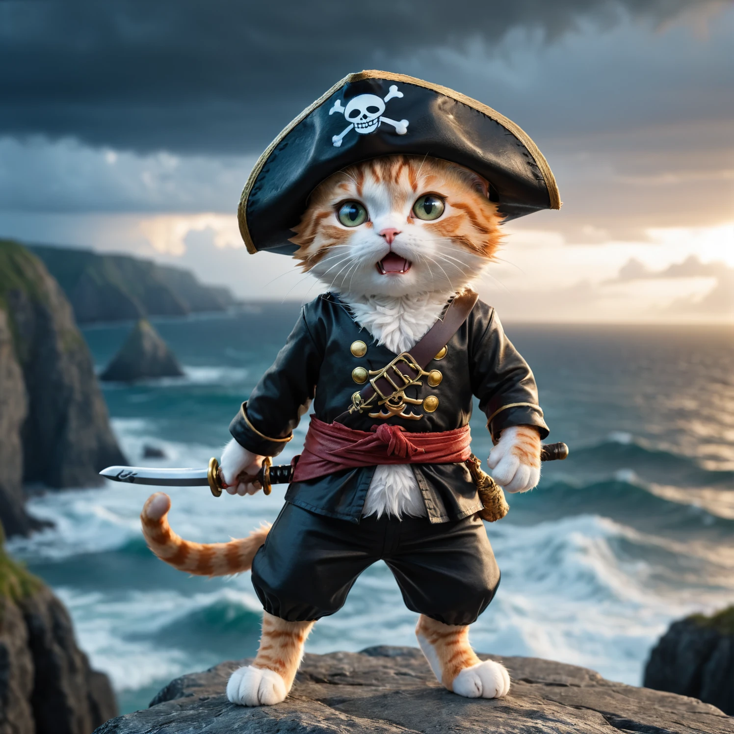 a cute cat pirat one piece outfit wearing a staw hat he is raising his saber and is standing on a cliff and is looking down on an stormy ocean a new dawn is rising on the horizont, high quality photography, 3 point lighting, flash with softbox, 4k, Canon EOS R3, hdr, smooth, sharp focus, high resolution, award winning photo, 80mm, f2.8, bokeh