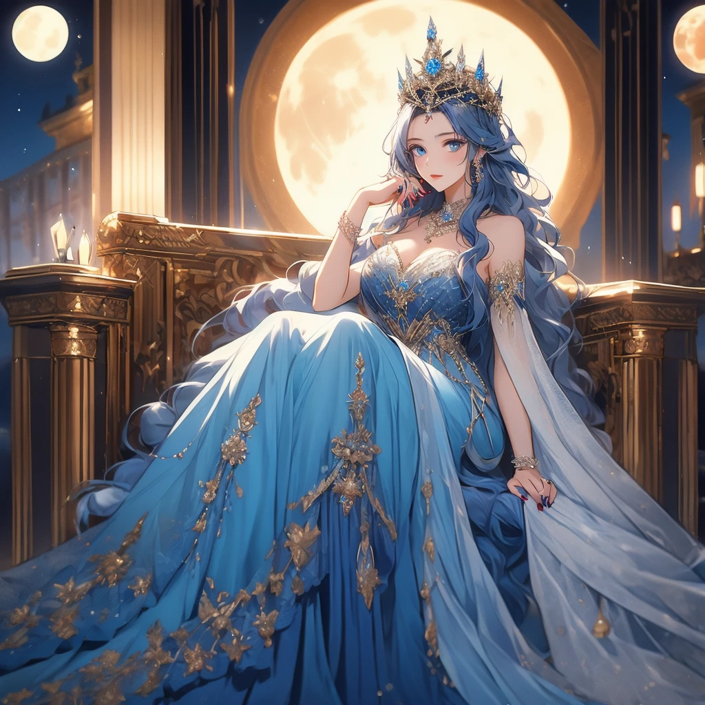 masterpiece, best quality,
1girl, bare shoulders, black nails, blue dress, blue eyes, blue hair, blue theme, bracelet, breasts, cape, closed mouth, crown, dress, full moon, gem, hair ornament, jewelry, lips, long hair, looking at viewer, moon, nail polish, necklace, night, pillar, ring, sitting, solo, strapless dress, throne, very long hair, wavy hair
