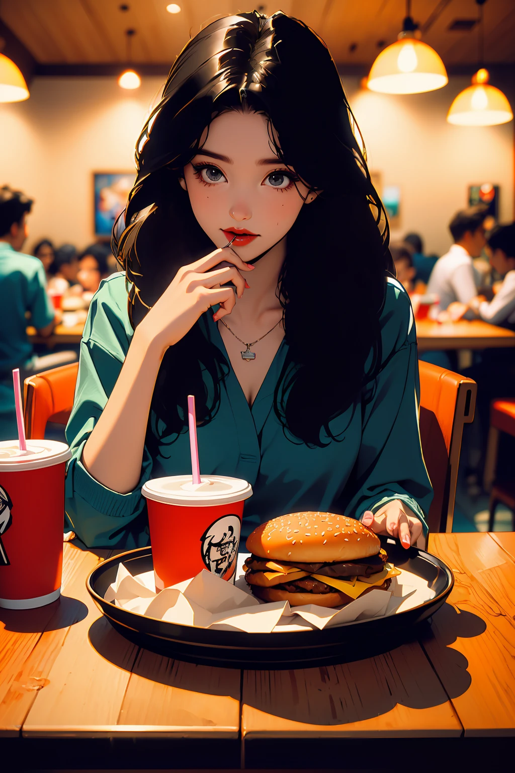 food,french fries,solo focus,restaurant,eating,cup,sitting,black hair,long hair,blurry,indoors,burger,depth of field,disposable cup,1girl,holding,multiple boys,chair,table,drinking straw,black eyes,multiple girls,faceless,blurry background,drink,pov across table,tray,kfc,realistic,
((((masterpiece)))),((((highly detailed)))),[[[realistic art]]],<lora:kfc:0.5:lbw=OUTALL>,