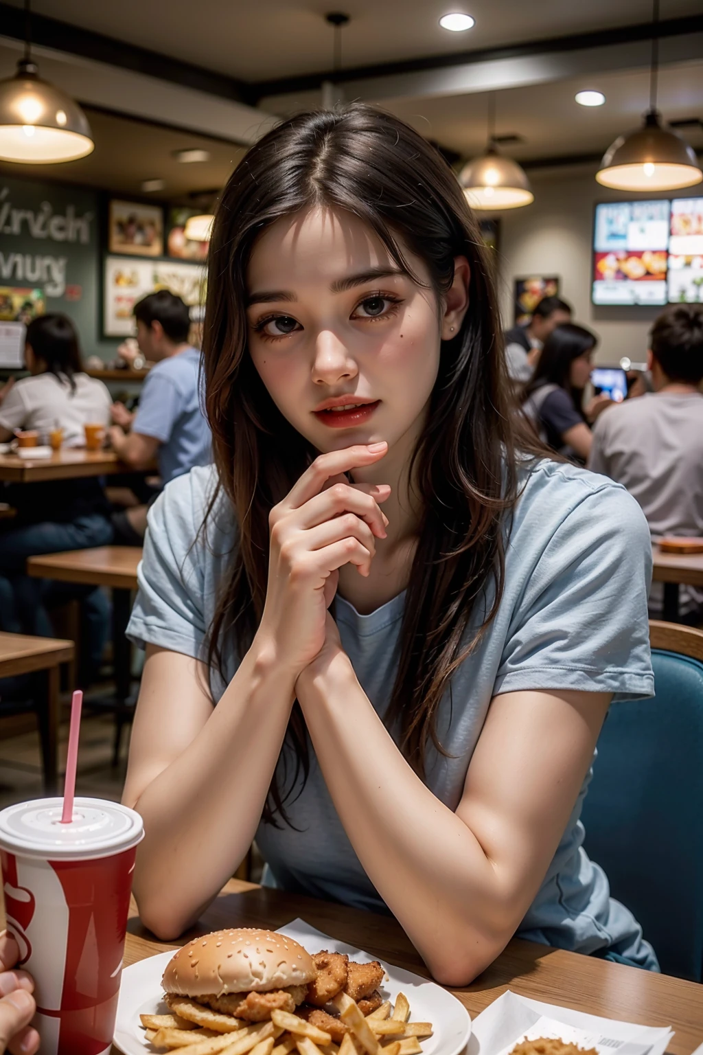 food,french fries,solo focus,restaurant,eating,cup,sitting,black hair,long hair,blurry,indoors,burger,depth of field,disposable cup,1girl,holding,multiple boys,chair,table,drinking straw,black eyes,multiple girls,faceless,blurry background,drink,pov across table,tray,kfc,realistic,
((((masterpiece)))),((((highly detailed)))),[[[realistic art]]],<lora:kfc:0.5:lbw=OUTALL>,