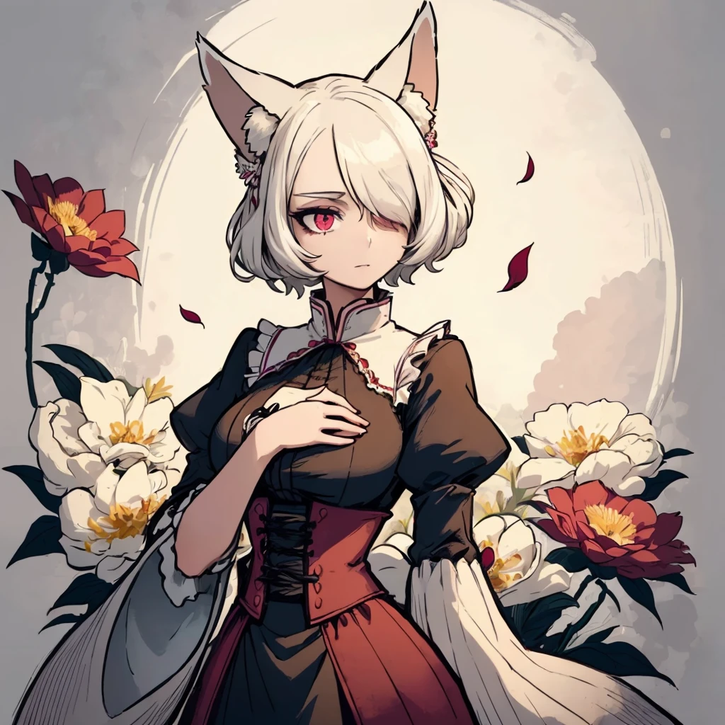 1girl, solo, (hand on own chest), victorian long gown with high collar and puffy sleeves, large firm breasts, fox ears, fox tail, short hair, (hair over one eye:1.3), (white hair), (abstract), (flowers), (flower), leaves, (reddish pink eyes), (contrapposto:1.2), <lora:Ink scenery:0.8>