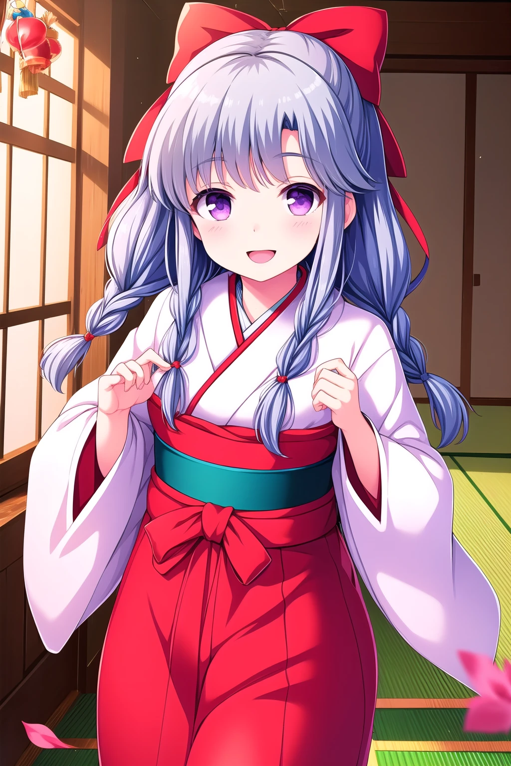 (masterpiece, best quality), highly detailed background, perfect lightingbest quality, yuliavalkova, solo, grey hair, blue hair, hair bow, red bow, twin braids, long hair, purple eyes, + +, red kimono, green skirt, hakama skirt, meiji schoolgirl uniform, japanese clothes, smile, open mouth, pink lips, <lora:Yulia-Valkova:0.7>