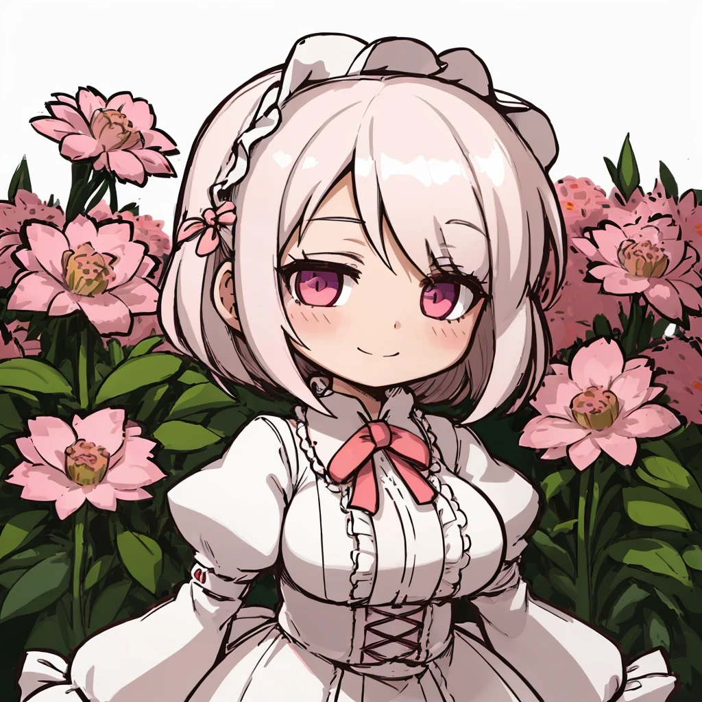 1girl, solo, detailed eyes, detailed face, reddish pink eyes, white hair, shining short hair, (hair over one eye:1.1), sidelocks, blush, subtle smile, victorian long dress with high collar and puffy sleeves, large firm breasts, sfw, volumetric lighting, garden scenery, looking at the viewer, (chibi:1.3)