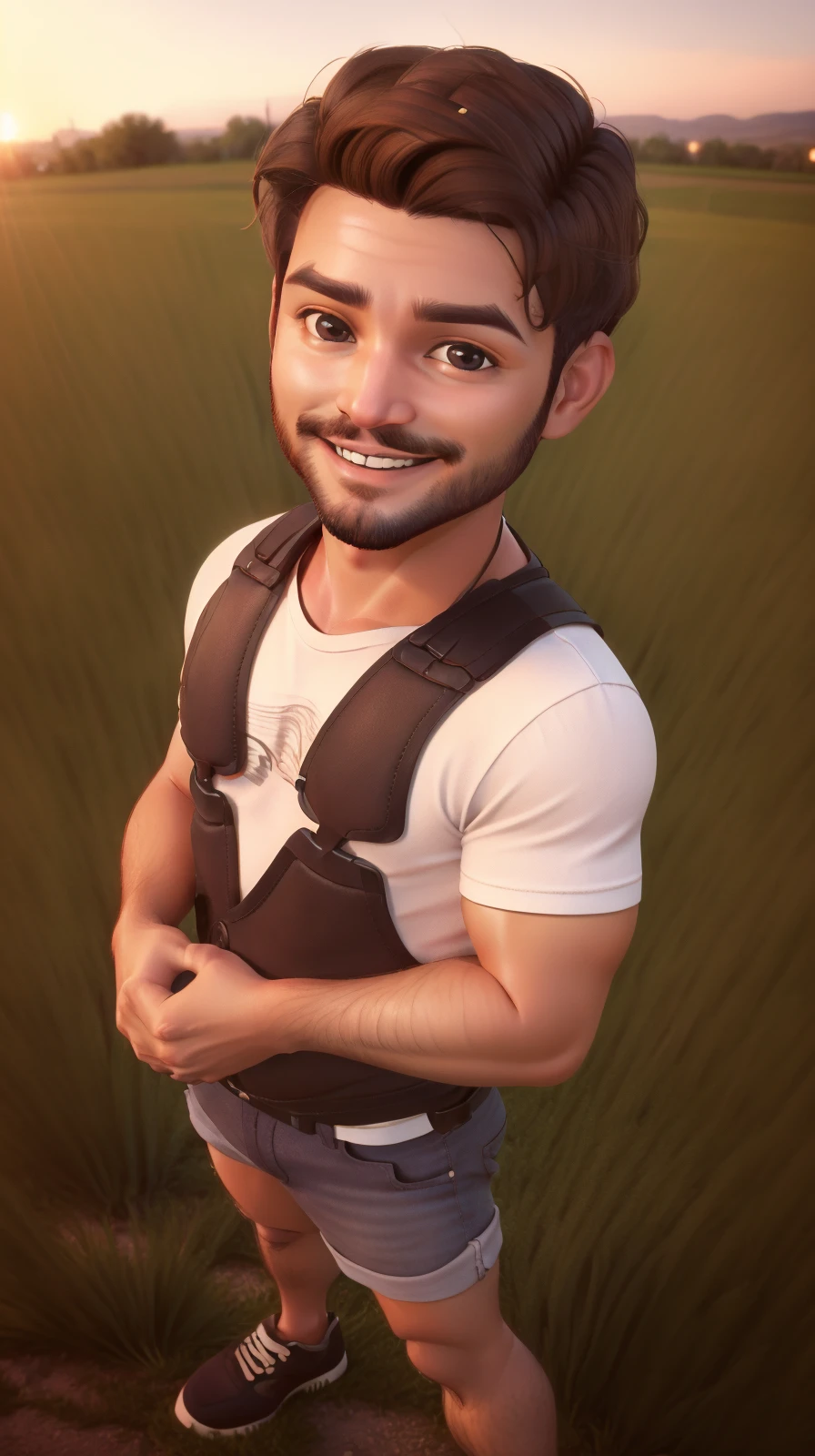 45 yo 1man as male cartoon character, <lora:F4k33D-03:0.6>, shorts, short hair, brown hair, perfect hands, perfect big eyes, looking at viewer, smiling, muscled, shinny skin, outdoors, grass, kkw-ph1, <lora:top_view_perspective:0.8>