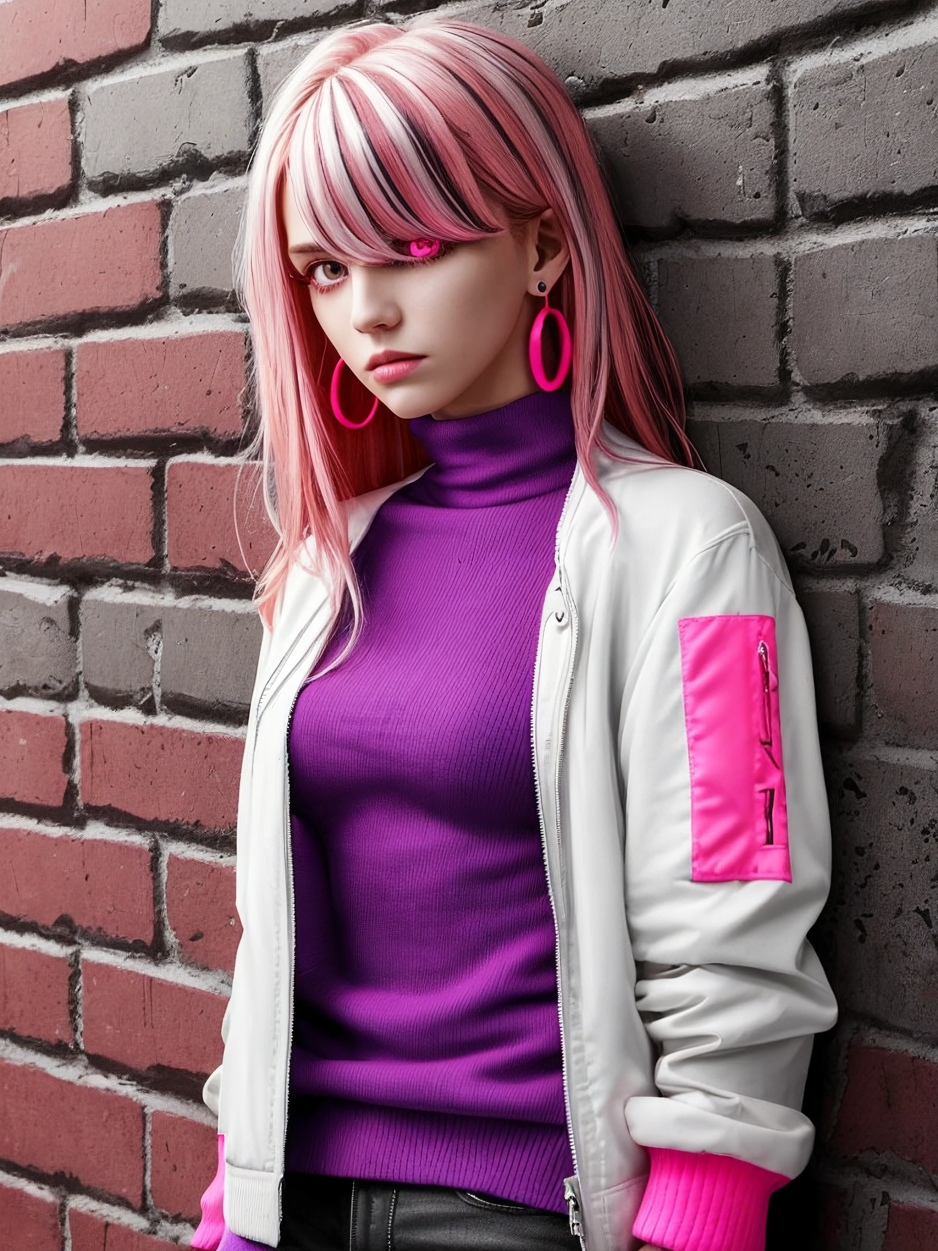 (perfect anatomy), 1girl, solo, ((medium breath)), long hair, pink hair, red head ornament, pink highlights, hair over one eye,purple eyes, earrings, sharp eyes, choker, neon shirt, torn legwear, open jacket, turtleneck sweater, night,against wall, brick wall, graffiti, dim lighting, alley ,look at viewer