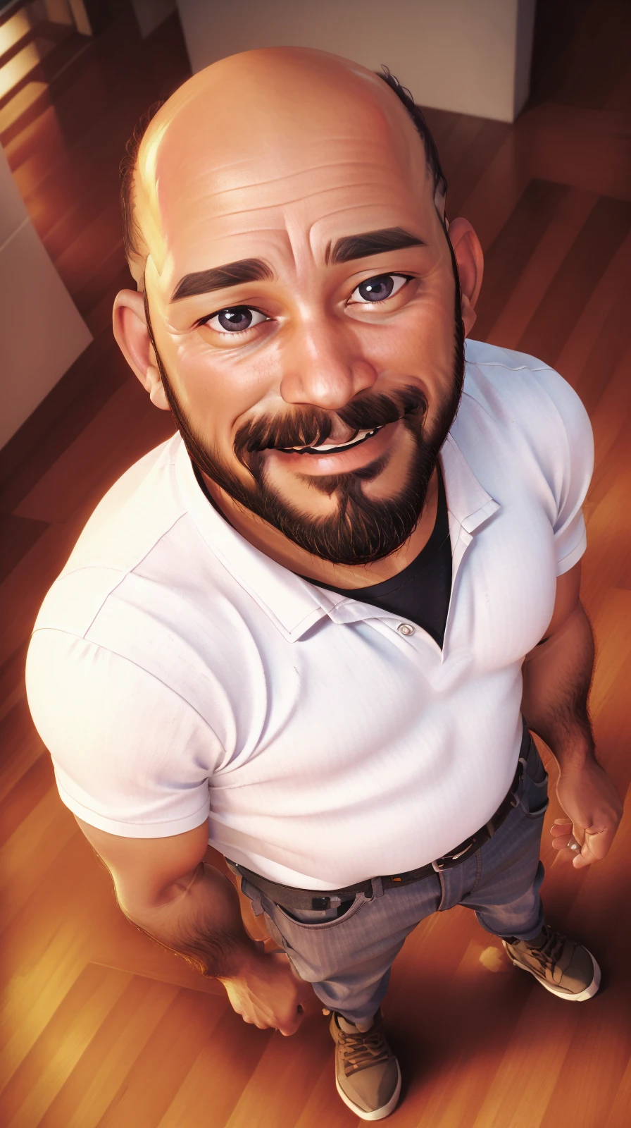65 yo man as elder male cartoon character, <lora:F4k33D-03:0.6>, bald, beard, perfect hands, perfect big eyes, looking at viewer, smiling, shinny skin, office, wood floor, kkw-ph1, <lora:top_view_perspective:0.8>