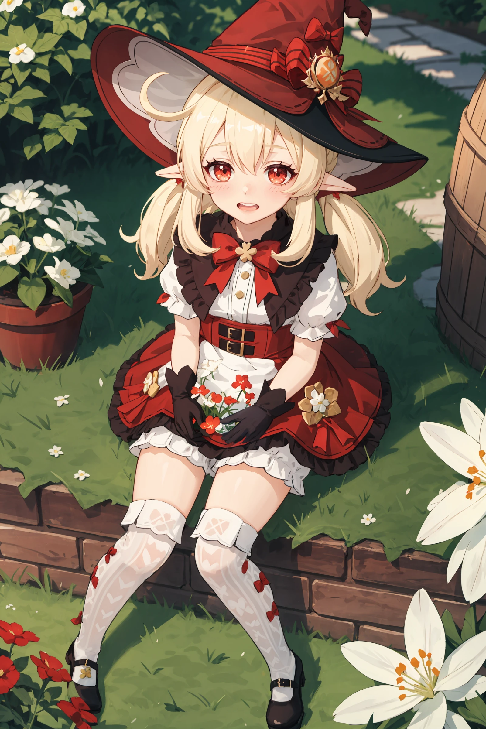 masterpiece, best quality, highly detailed,absurdres, anime,,Dark Atmosphere
,petite cute child,
,
,
,, <lora:klee:0.7>,klee, Medium hair, Blonde, low twintails, red dress, Pointy ears, red eyes, white stockings, ribbons, witch hat, White apron,
,(sitting:0.8),childish sytle,grin,looking at viewer, (red shoes:1.2),
,
,outdoors, alley,