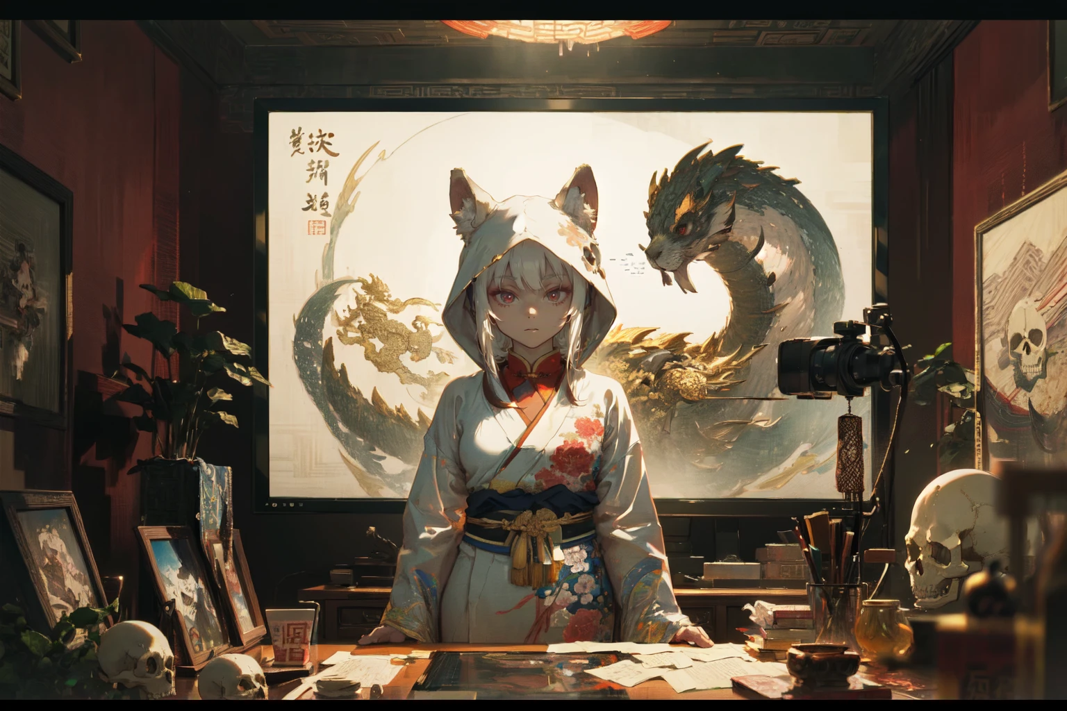 (masterpiece, best quality, detailed background, extremely detailed:1.4) BREAK  1girl, solo, white hair, red eyes, fox ears, detailed eyes, hood up, torso, embroidery, chinese clothing, (white hanfu: 1.1), embroidery, gold dragon, chromatic aberration, (seal impression: 1.3), (chinese stamp: 1.3), screens, on screen, inside computer, desktop, office, small breasts, dark room, inside chinese palace, (chinese painting: 1.2), desk, books, skull, skull stand
