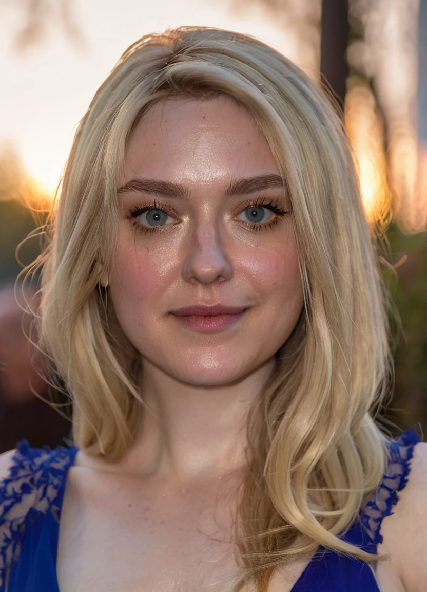 a beautiful picture of d4k0t4, masterpiece, blonde hair, photorealistic, woman, detailed, 4k, HDR, backlighting, bloom, light, RAW color photo, (fully in frame:1.1), detailed skin texture, (blush:0.5), (goosebumps:0.5), <lora:d4k0t4-000010:0.95>wearing a blue dress