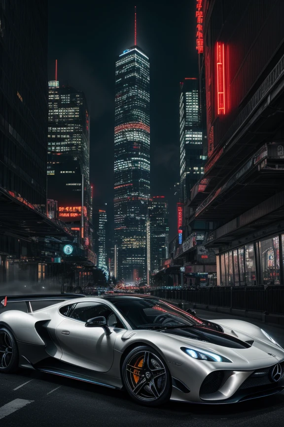 hypercars cyberpunk, muted colors ,swirling color smokes,legend,cityscape,space,mercedez benz