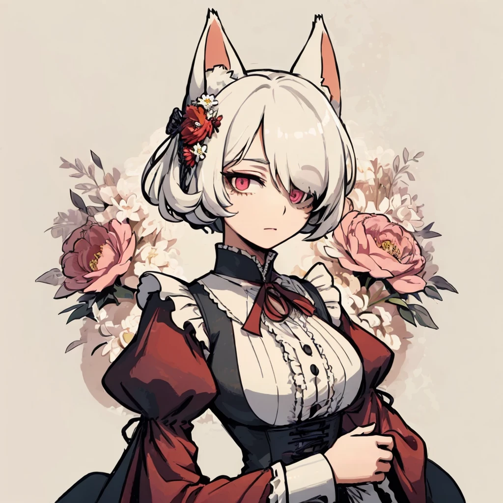 1girl, solo, (hand on own chest), victorian long gown with high collar and puffy sleeves, large firm breasts, fox ears, fox tail, short hair, (hair over one eye:1.3), (white hair), (abstract), (flowers), (flower), leaves, (reddish pink eyes), (contrapposto:1.2), <lora:Ink scenery:0.8>