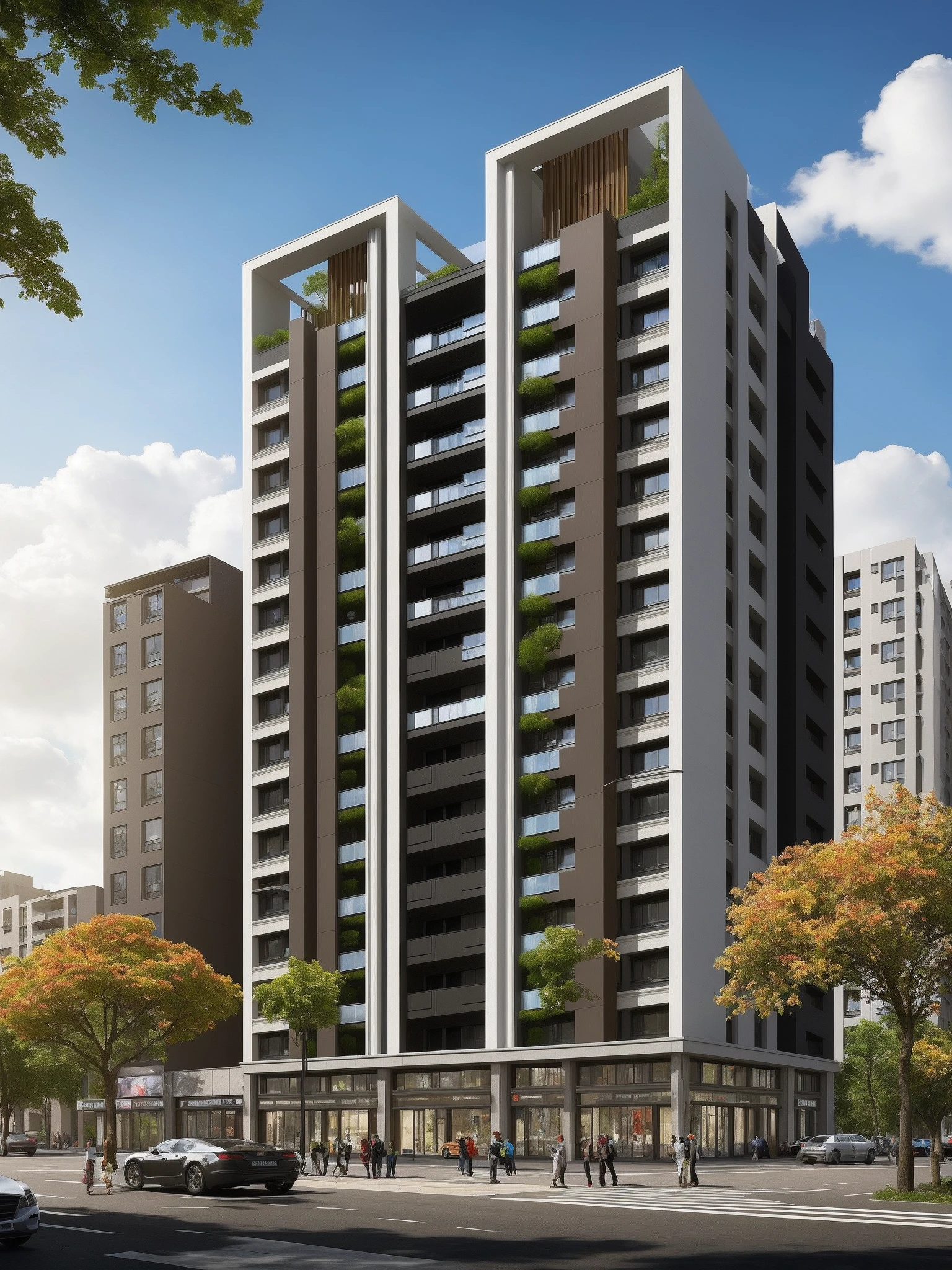 <lora:JJsBuilding_Apartment:.7>,((best quality)),((masterpiece)),((realistic)), , photorealistic, (Archviz), ((Apartment)), car, motor vehicle, outdoors, sky, ground vehicle, scenery, building, city, road, cloud, crosswalk, real world location, lamppost, tree, street, cityscape ,cloud , sidewalk, wood ,bush ,flower ,autumn leaves,