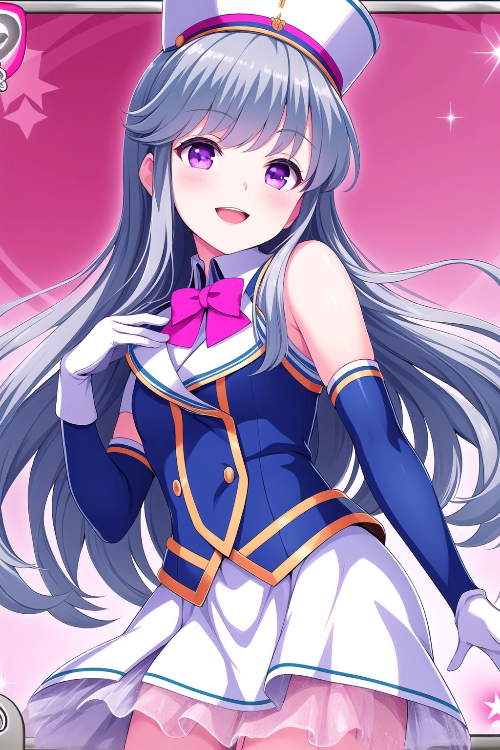 (masterpiece, best quality), highly detailed background, perfect lightingbest quality, yuliavalkova, solo, hat, grey hair, blue hair, long hair, purple eyes, frills, white gloves, elbow gloves, white skirt, band uniform, smile, open mouth, pink lips, <lora:Yulia-Valkova:0.7>